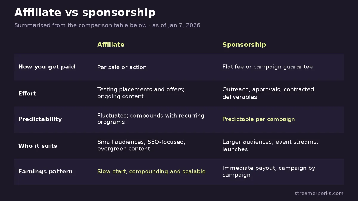 Side-by-side scorecard of affiliate marketing vs sponsorship: how you get paid, effort, income predictability, who it suits and earnings pattern