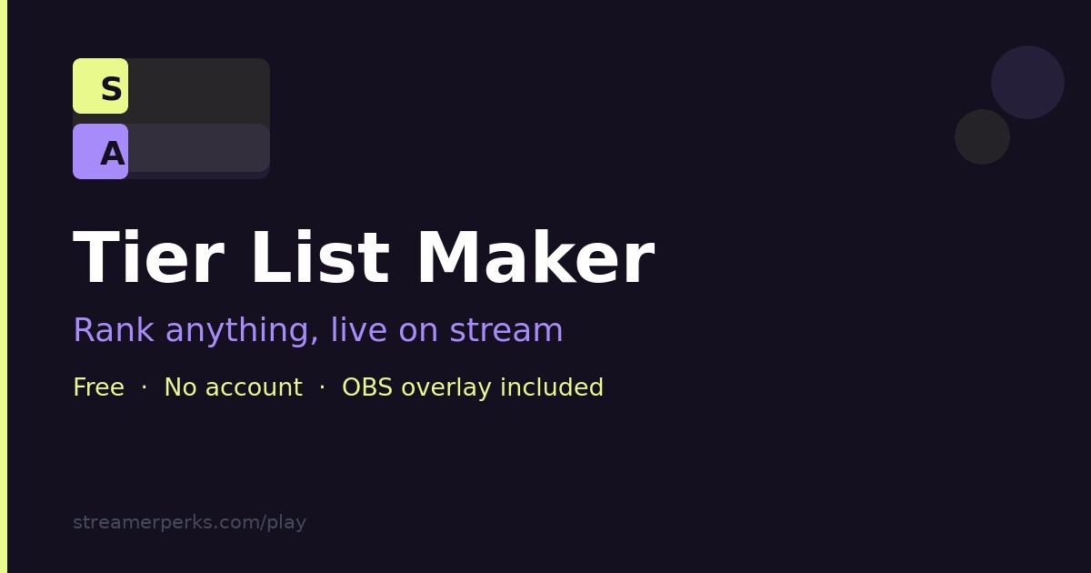 Tier List Maker title card: S and A tier rows above the tagline 'Rank anything, live on stream'